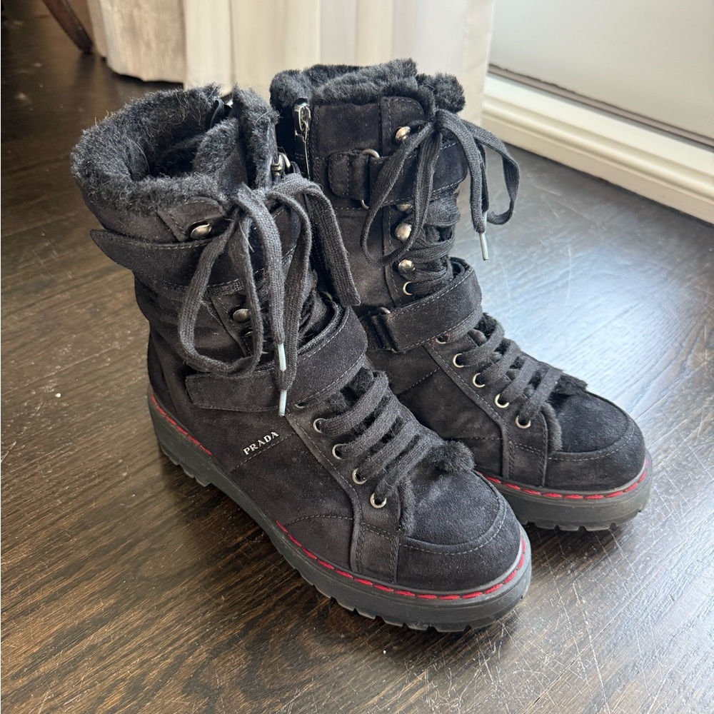 Prada Women's Black Suede Combat Boots